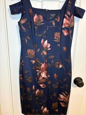 Alexa B Navy Midi Dress with Pink Floral Detail